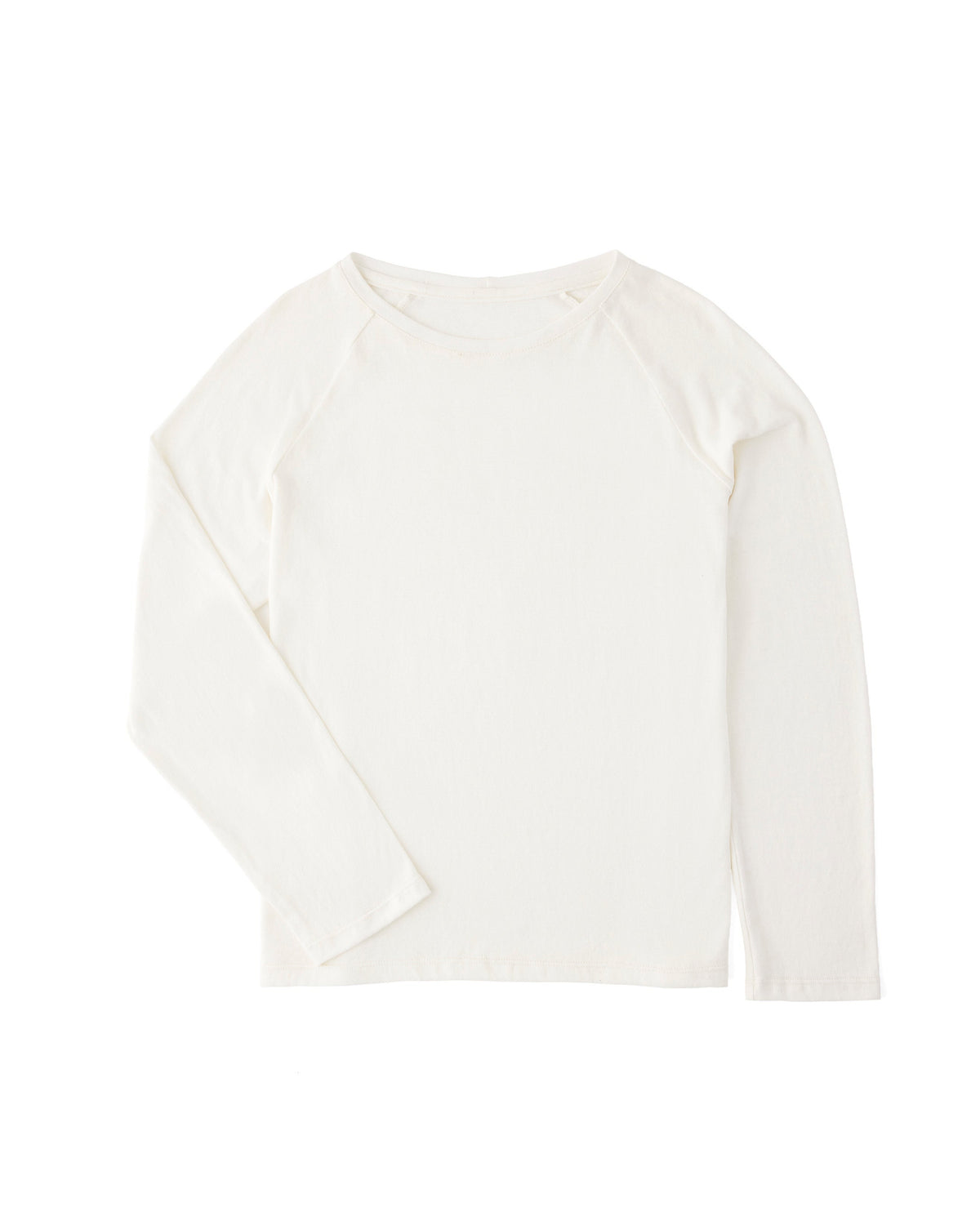 A long-sleeve raglan-style top in off-white, laid flat against a solid white background.